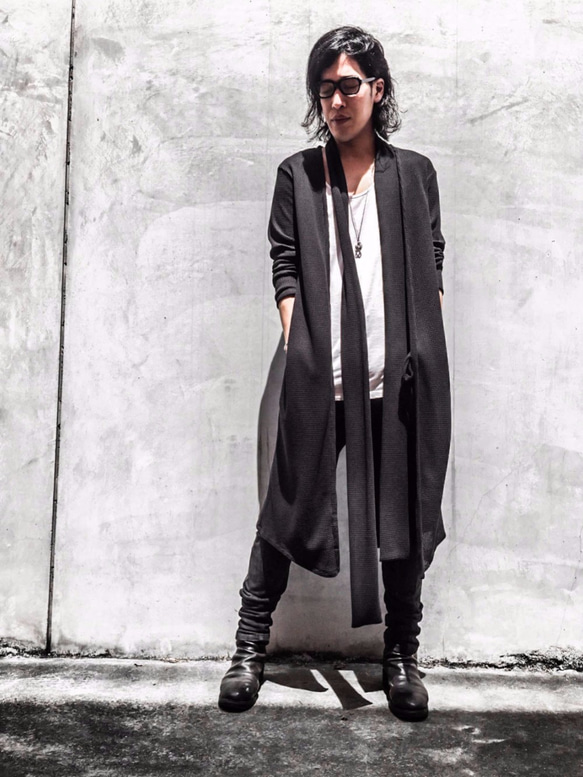 Japanesepaper Waffle Jersey Long Cardigan - Black Size1 第10張的照片