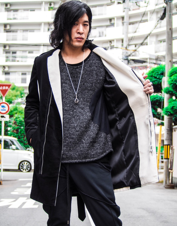 Corduroy Zip Bi-Color Chester Coat - Black×White Size2 第9張的照片