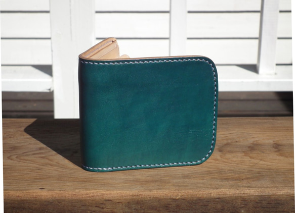 二つ折り財布 ハーフウォレット レザー ターコイズブルー コンパクト財布 ミニ財布 (受注生産) JS1262741201(9620円)
