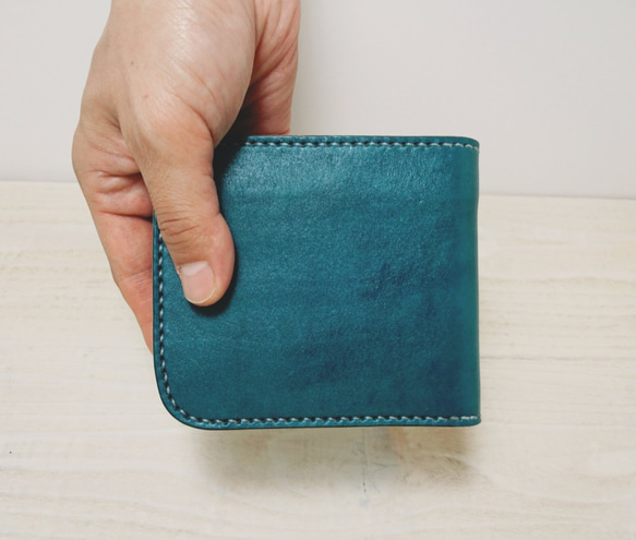 二つ折り財布 ハーフウォレット レザー ターコイズブルー コンパクト財布 ミニ財布 (受注生産) JS1262741201(9620円)
