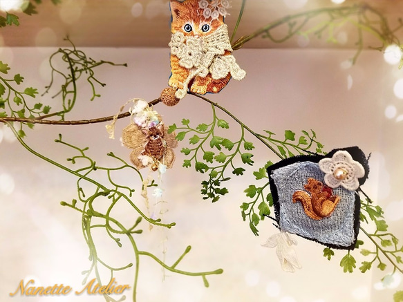 Nanette Atelier 手作蕾絲(Lace)貓の系列：耳環和心口針 第3張的照片