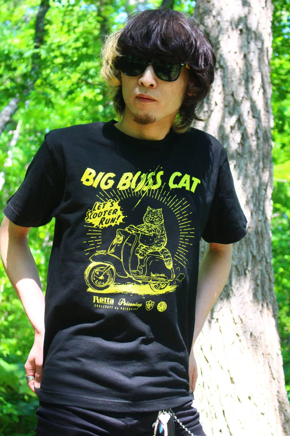 ボス猫×スクーター「BIG BOSS CAT」Tシャツ　ブラック　Lサイズ◆POISONIVYユニセックス ビッグボス 1枚目の画像