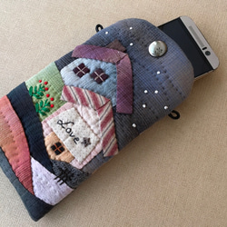 灰藍星空～手工拼布手機斜背包～日本先染布雙面拼縫 第1張的照片