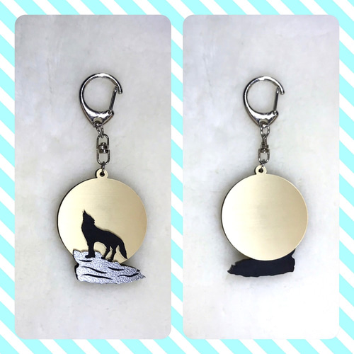 狼 遠吠え 満月 キーホルダー チャーム アクセサリー オオカミ 両面