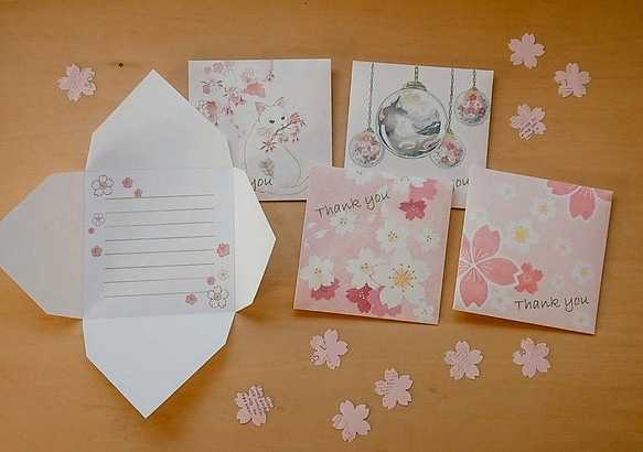 封筒型メッセージカード＊桜＊カードと桜のフレークシールのセット 5枚目の画像