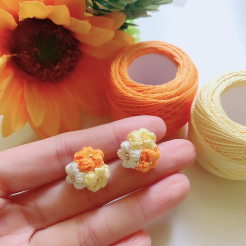 ハンドメイドかぎ針編みのイヤリング７個セット かぎ針編みのイヤリングアジサイの花 - オレンジ ピアス（その他