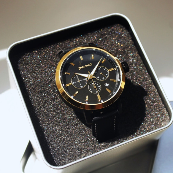 PICONO D-TIME chronograph leather strap watch DT-9201 Gold 6枚目の画像