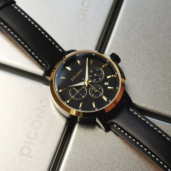 PICONO D-TIME chronograph leather strap watch DT-9201 Gold 7枚目の画像