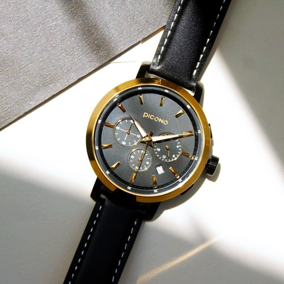 PICONO D-Time 真三眼多功能系列真皮錶帶手錶 DT-9201 金色/黑色 第8張的照片