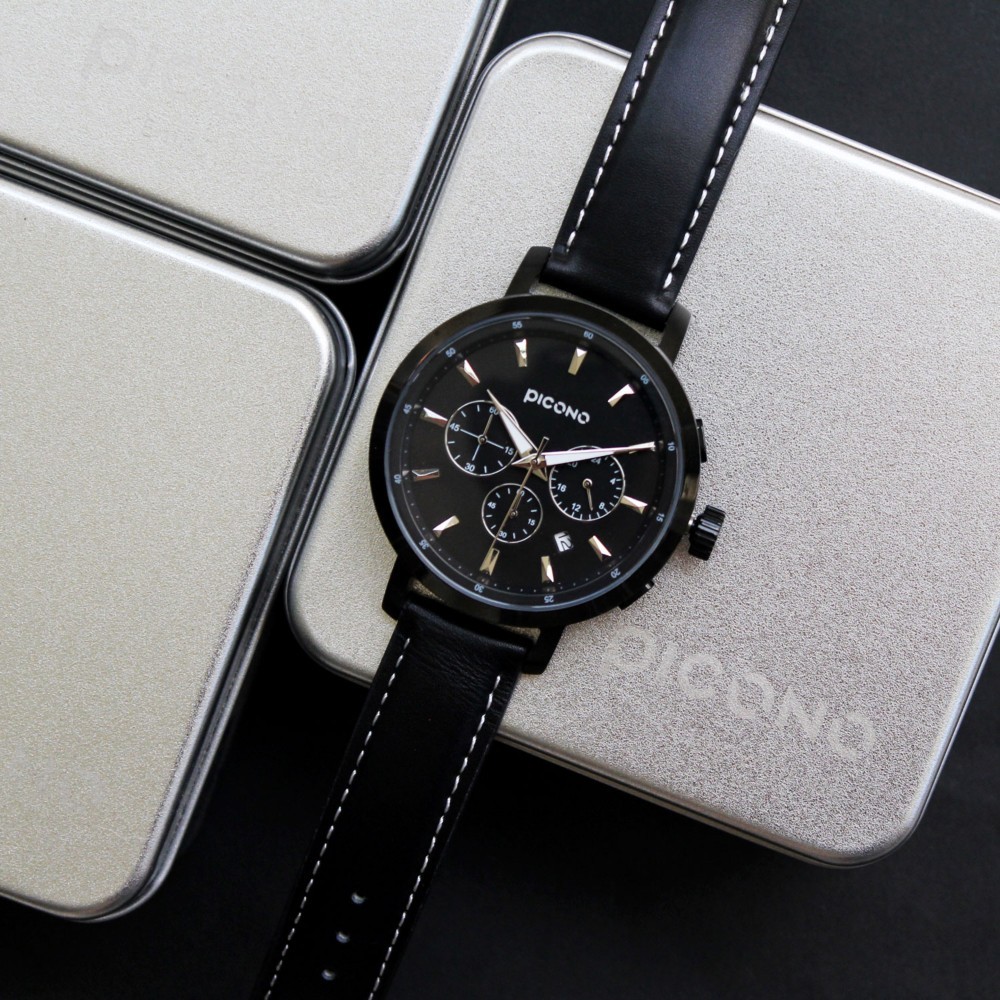 PICONO D-TIME chronograph leather strap watch DT-9202 Black