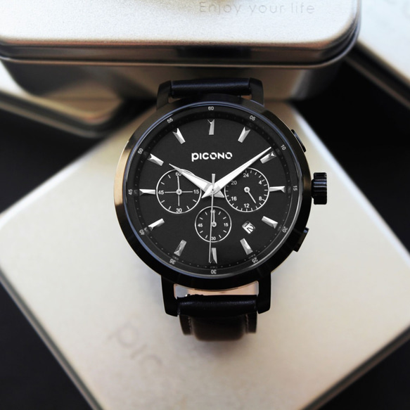 PICONO D-TIME chronograph leather strap watch DT-9202 Black 7枚目の画像