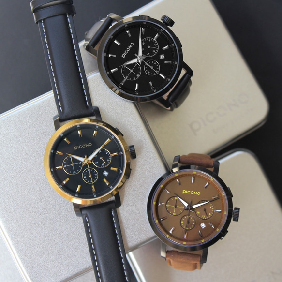 PICONO D-TIME chronograph leather strap watch DT-9202 Black 9枚目の画像