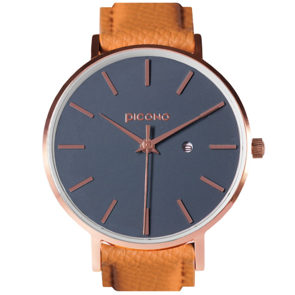 PICONO Siempre 簡約玫瑰金法國真皮錶帶對錶手錶 / SI-11001 藍色 女款 第2張的照片