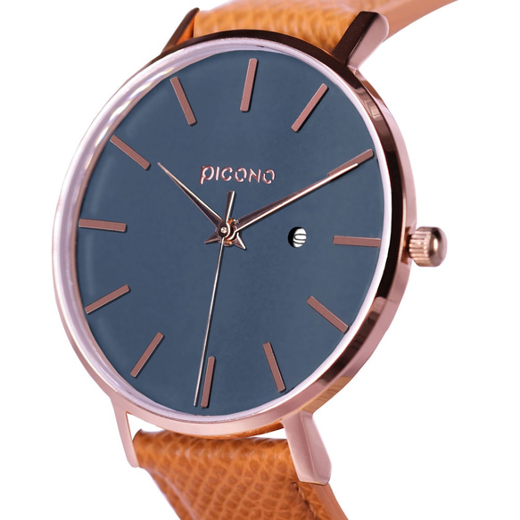 PICONO Siempre 簡約玫瑰金法國真皮錶帶對錶手錶 / SI-11001 藍色 女款 第3張的照片