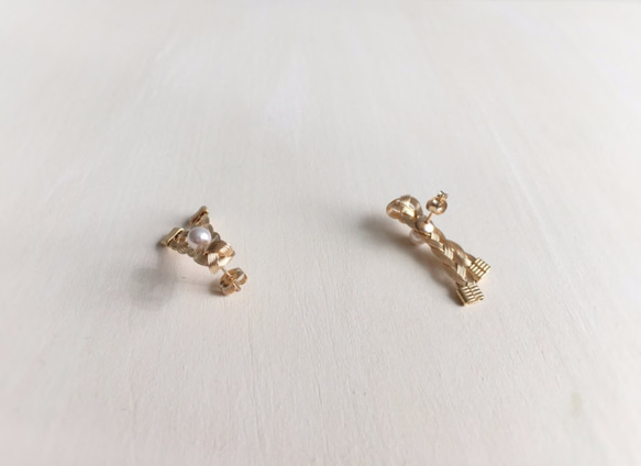 【送料無料】braid pearl pin ribbon earrings 3枚目の画像