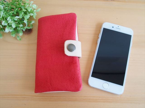 [定做經典紅色]豬皮革柔軟手機殼 [多模式對應]革蓋[iphone6，XPERIA]紅色 第1張的照片