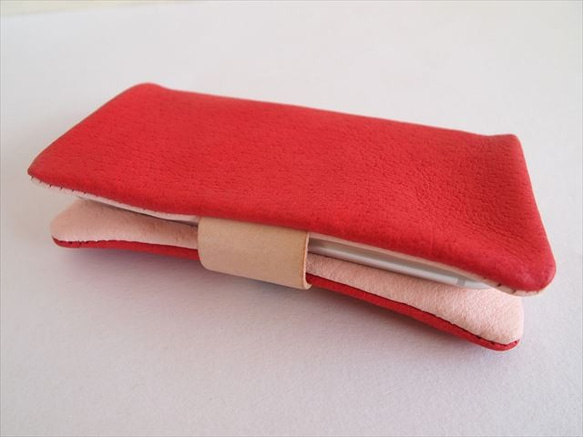 [定做經典紅色]豬皮革柔軟手機殼 [多模式對應]革蓋[iphone6，XPERIA]紅色 第4張的照片