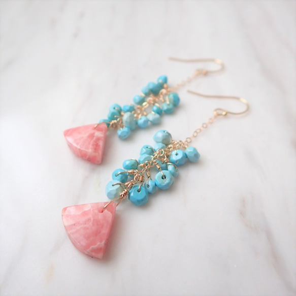 K14GF sleeping beauty turquoise & rhodochrosite pierce 2枚目の画像