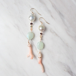 K14GF coral, pearl and champagne quartz pierce 1枚目の画像