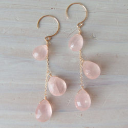 K14GF drop rose quartz long pierce 1枚目の画像