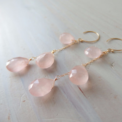 K14GF drop rose quartz long pierce 2枚目の画像