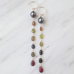 K14GF multi-color tourmaline & tahitian pearl long pierce 2枚目の画像