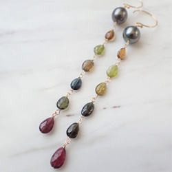 K14GF multi-color tourmaline & tahitian pearl long pierce 3枚目の画像