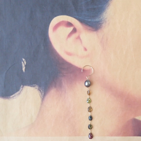 K14GF multi-color tourmaline & tahitian pearl long pierce 4枚目の画像