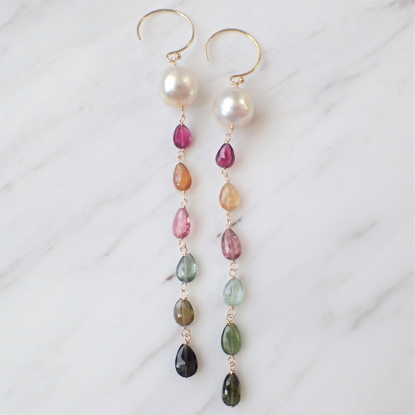 K14GF multi-color tourmaline & southernsea pearl long pierce 2枚目の画像