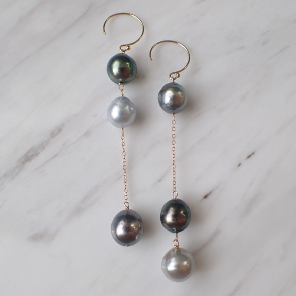 【SALE♡】K14GF multi color triple tahitian pearl long pierce 1枚目の画像