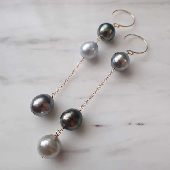 【SALE♡】K14GF multi color triple tahitian pearl long pierce 2枚目の画像