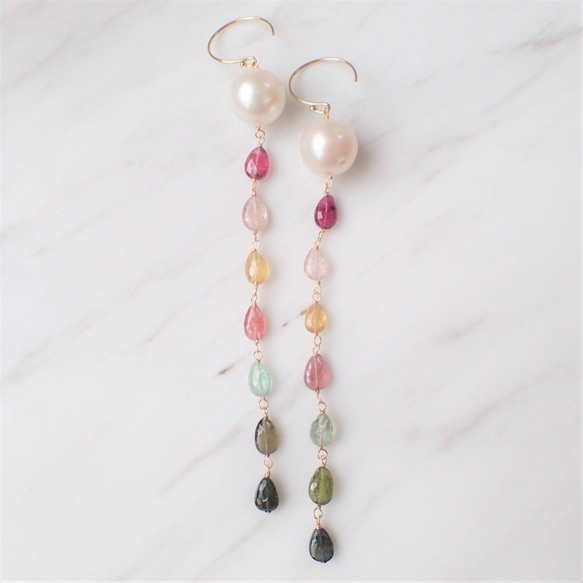 K14GF multi-color tourmaline & southernsea pearl long pierce 2枚目の画像