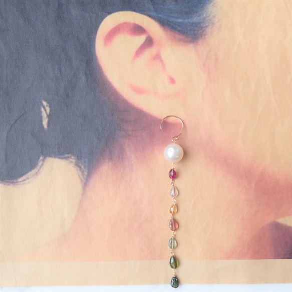 K14GF multi-color tourmaline & southernsea pearl long pierce 3枚目の画像