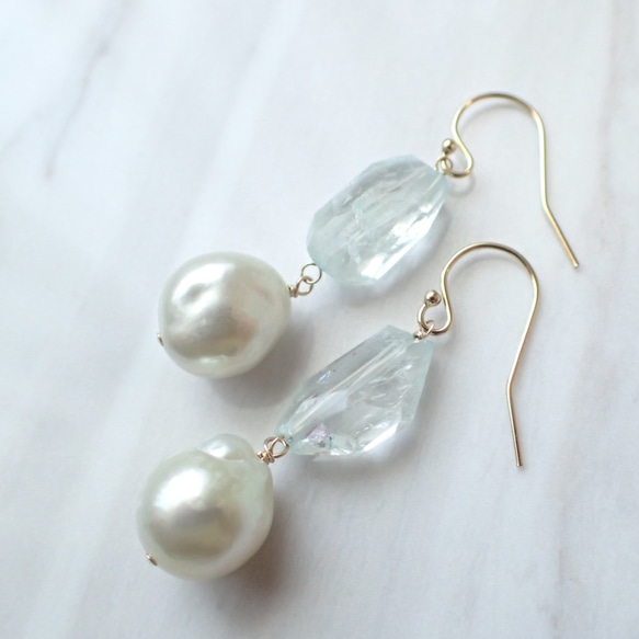 【数量限定ハンドメイド2019】K14GF aquamarine & southern sea pearl pierce 1枚目の画像