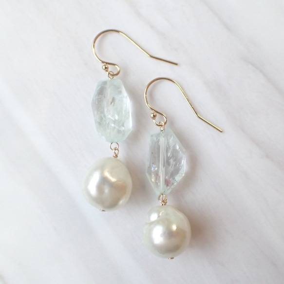 【数量限定ハンドメイド2019】K14GF aquamarine & southern sea pearl pierce 2枚目の画像