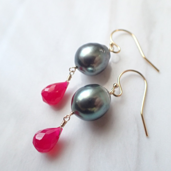 K14GF pink chalcedony & tahitian pearl pierce 2枚目の画像