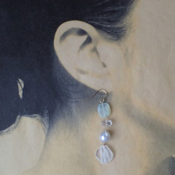 K14GF akoya珍珠，藍色蛋白石和月光石穿孔 第3張的照片
