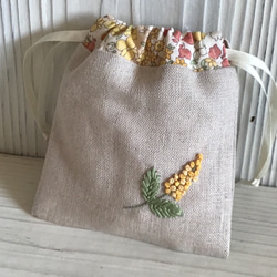 ☆リボン刺繍のコンパクトミラー&巾着ポーチ☆ミモザ☆ 9枚目の画像