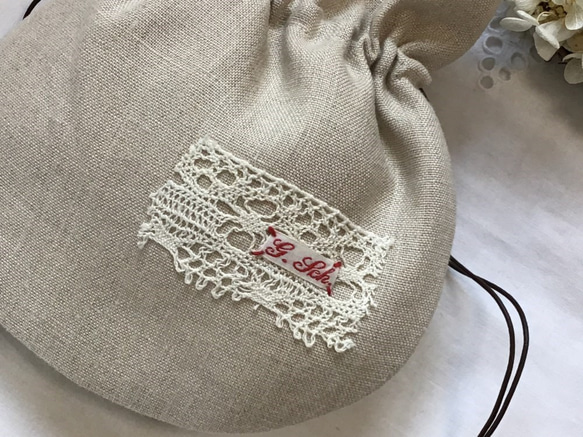 ★ラベンダー＆ハチさんのリボン刺繍★巾着ポーチ★送料無料★ 3枚目の画像