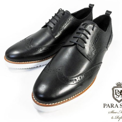 PARASHOE 本革 ウィングチップ ビジネスカジュアルシューズ 厚底白ソール 3E 黒（PS1810-BLK） 2枚目の画像