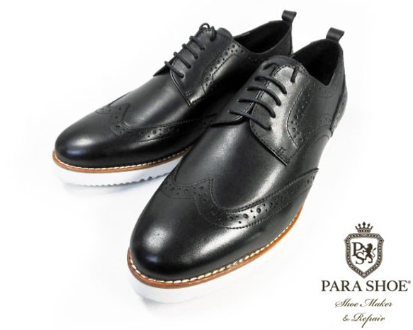 PARASHOE 本革 ウィングチップ ビジネスカジュアルシューズ 厚底白ソール 3E 黒（PS1810-BLK） 2枚目の画像