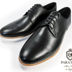 PARASHOE 本革 プレーントゥ ビジネスカジュアルシューズ 厚底白ソール 3E 黒（PS1811-BLK） 2枚目の画像