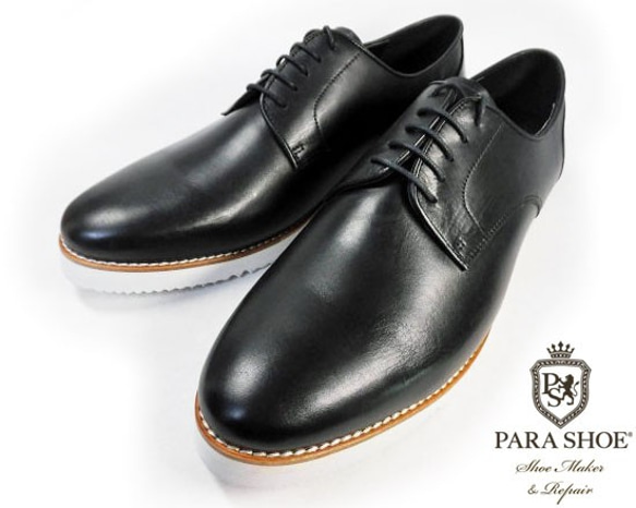 PARASHOE 本革 プレーントゥ ビジネスカジュアルシューズ 厚底白ソール 3E 黒（PS1811-BLK） 2枚目の画像