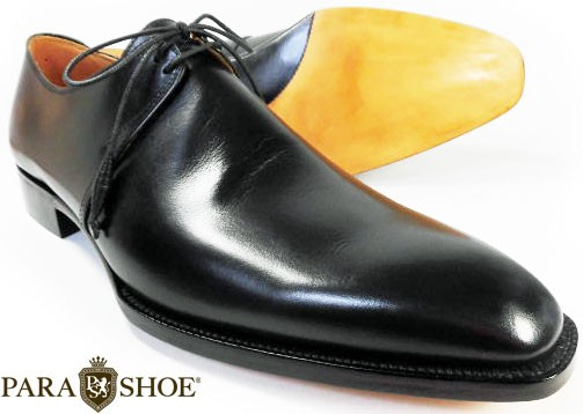 PARASHOE ハンドメイド 本革底 2アイレットプレーントゥ ビジネスシューズ 黒 22cm～30cm 4～6週間 5cm　受注生産 0cm　受注生産 ハンドメイド EEE PARASHOE 本革底 2アイレットプレーントゥ ビジネスシューズ 22cm～30cm ワイズ EE ～3E 当店オリジナル