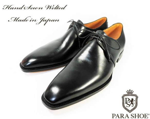 PARASHOE ハンドメイド 本革底 2アイレットプレーントゥ ビジネスシューズ 黒 22cm～30cm 4～6週間 5cm　受注生産 0cm　受注生産 ハンドメイド EEE PARASHOE 本革底 2アイレットプレーントゥ ビジネスシューズ 22cm～30cm ワイズ EE ～3E 当店オリジナル