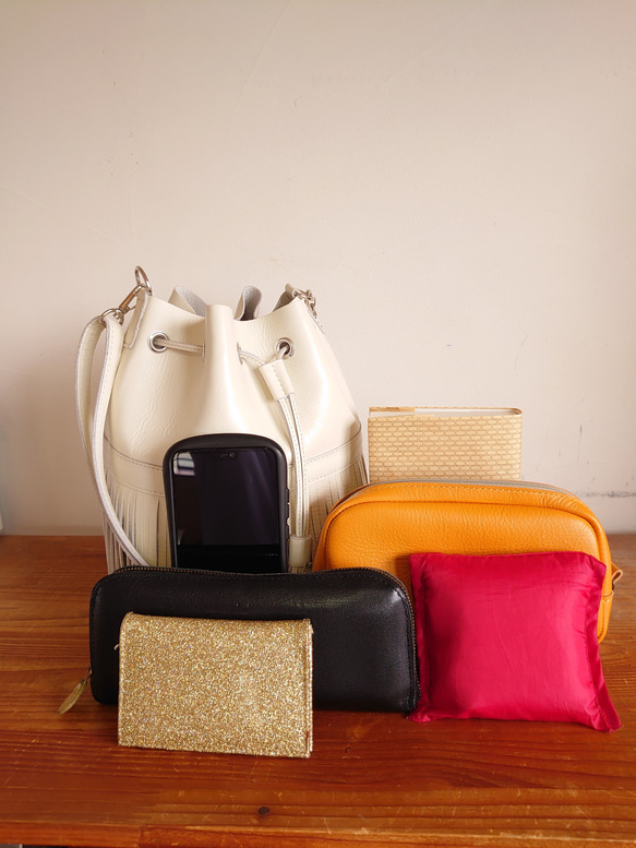 秋冬バッグ　選べるカラー 20色  レザーフリンジ巾着ショルダーバッグ  受注生産  UB-15 7枚目の画像