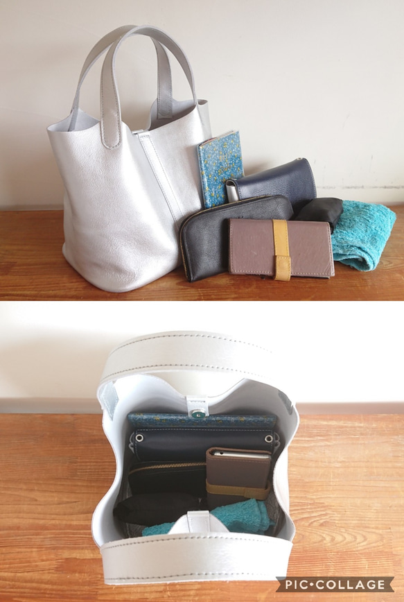 秋冬バッグ　メタリックカラー レザートートバッグ シルバー 受注製作 UB-02L シルバー 4枚目の画像