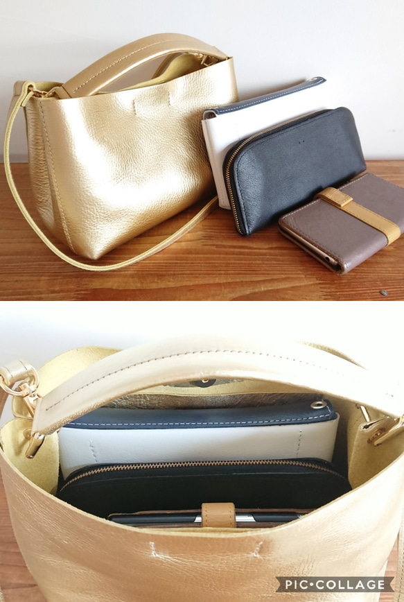 秋冬バッグ　メタリックカラー レザー2wayミニバッグ ゴールド 受注製作 UB-07 ゴールド 4枚目の画像