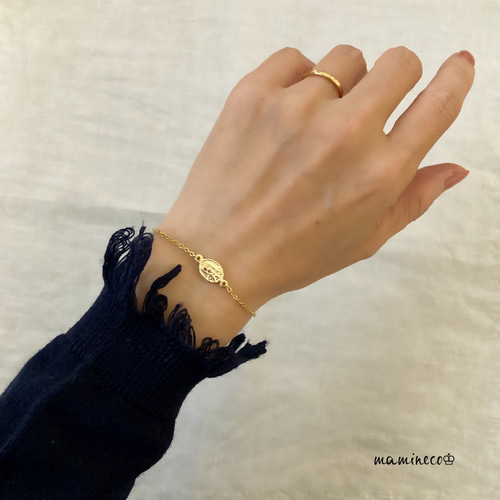 ゴールドメッキ クロス メダイ ブレスレット17cm オールステンレス製 メダイブレスレット 2面カット小豆チェーン幅1.6mm