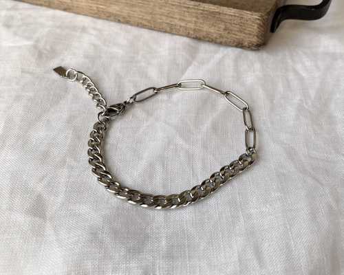 オールステンレス製 ロング小豆チェーン×喜平チェーンブレスレット
